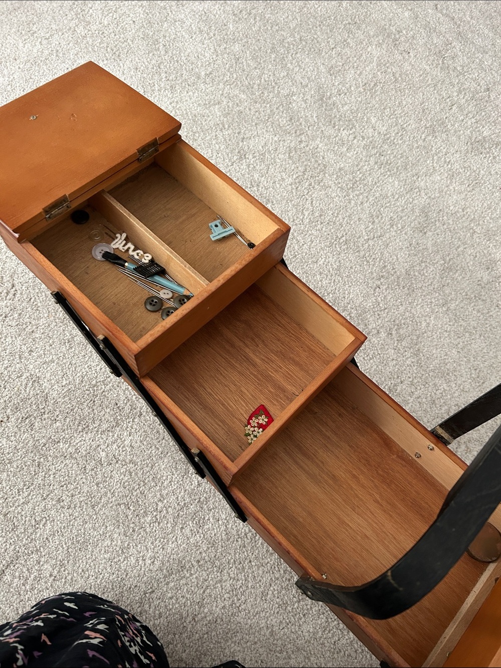 Vintage Wooden Sewing Box with Black Accents and feet. - Picture 6 of 15